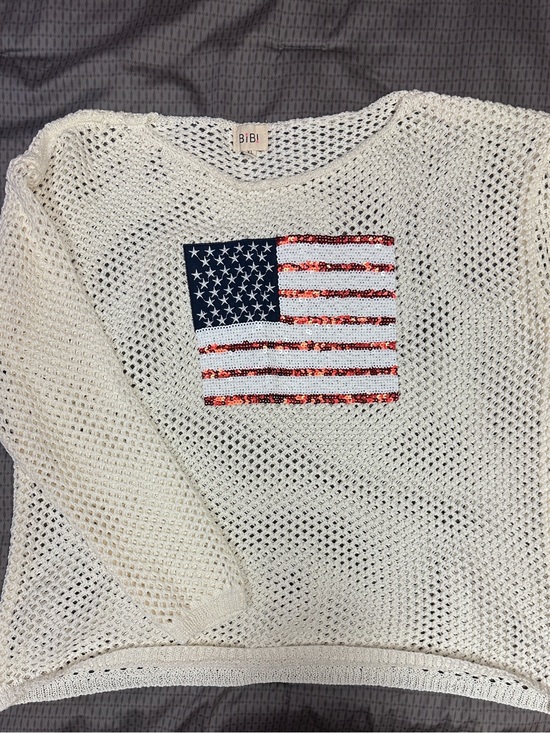 BiBi Sweaters - BiBi Cream Open-Knit Sweater with Navy & Red Sequin Flag